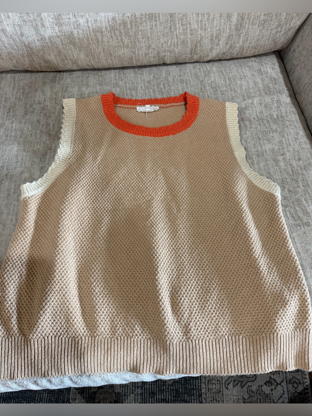 Sleeveless Knit Tank Top in Beige with Orange Trim